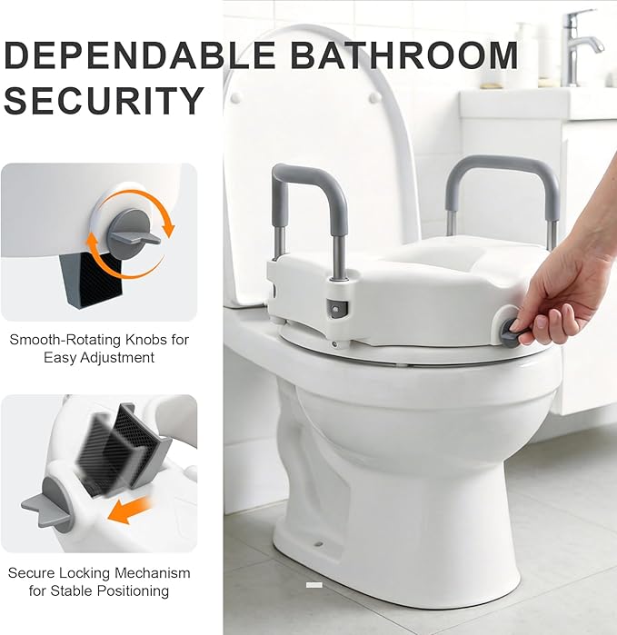 Raised Toilet Seat with Handles, Toilet Seat Riser for Seniors with Adjustable Height & Width, Cozy Padded, 300lb Capacity, Handicap Toilet Seat for Elderly