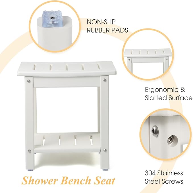 Apolimi Shower Chair, HDPE Shower Bench for Inside Shower to Sit On It, Shower Stool with Storage Shelf 2-Tier Spa Stool for Elderly,Water Resistant & Non-Slip Design Shower Seat Bench(White S Size)