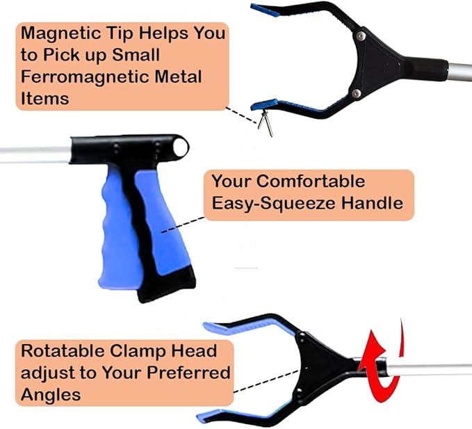 Foldable Grabber Reacher for Seniors – Lightweight, Rotatable Clamp, Non-Slip Grip, 32" Long, an Arm Extension Pickup Tool [Blue]