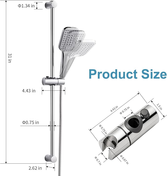 OFFO Shower Slide Bar Combo, Adjustable 31 in Slide Bar with 3-Mode Square Handheld Shower Head and 60 in Stainless Steel Hose, Screw Wall Mounted, Chrome Finish