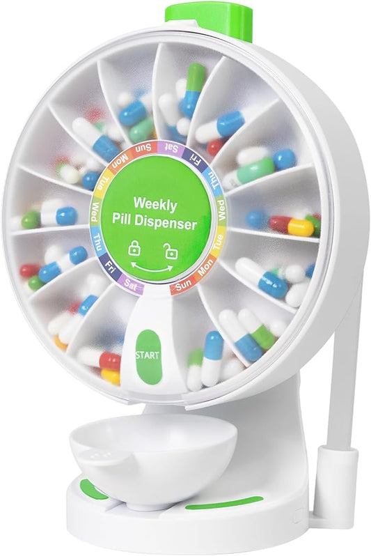 Stand-Up Pill Dispenser - Daily Medication Organizer for Seniors, No-Flip/Easy-Press Design, Wall-Mountable or Free-Standing, 14 Large Compartment Pill Box for Vitamin, Medicine, Supplement
