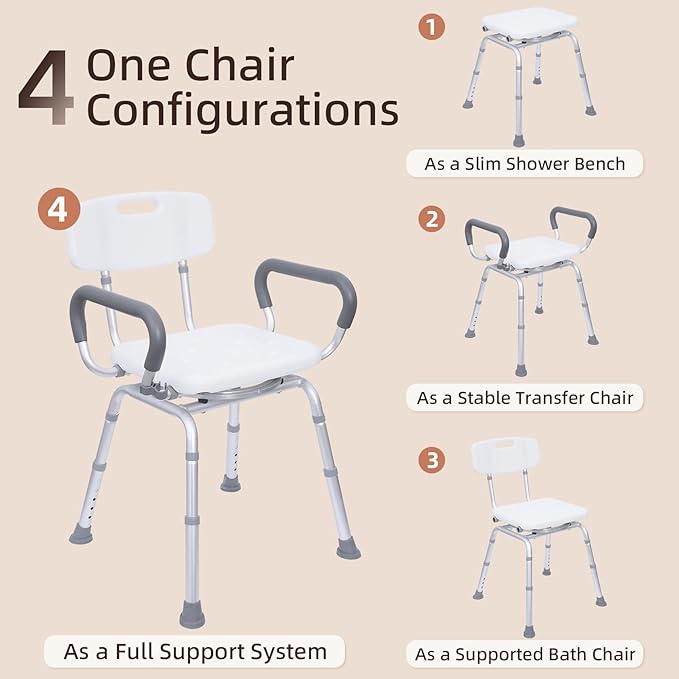 Swivel Shower Chair with Arms & Back, 400lbs Heavy Duty Shower Chair for Elderly and Disabled, Height Adjustable Shower Stool for Inside Shower, Non-Slip Rotating Shower Bench Seat for Tub Transfer