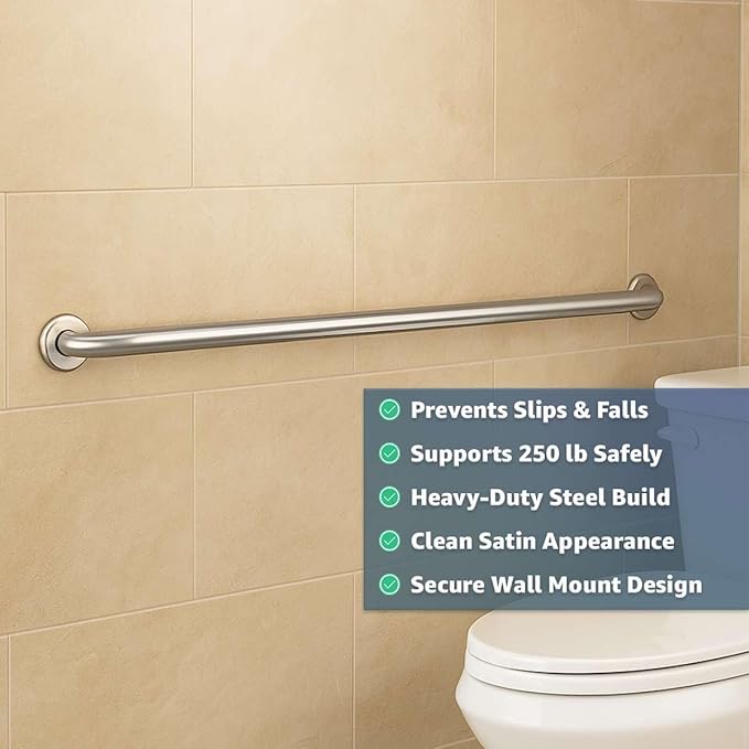 36″ Stainless Steel Restroom Grab Bar for Elderly - Heavy-Duty Wall Mounted Safety Handrail, 250 lb Support Handle for Toilet, Shower, Bathroom, Commercial & Home Use