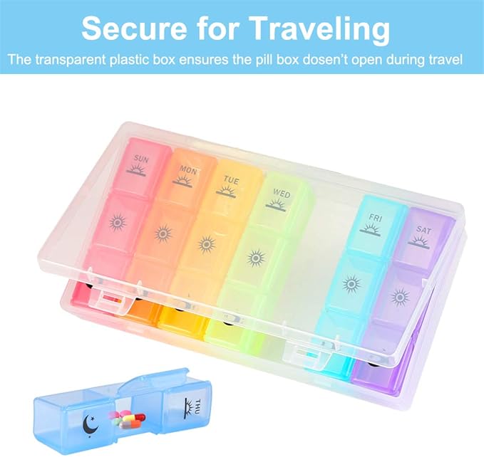 Weekly Pill Organizer,3-Times-A-Day 7 Day Pill Box Large Compartments Moisture-Proof Pill Case Medication Reminder Portable Travel Container for Vitamins Fish Oil Compartments Supplements