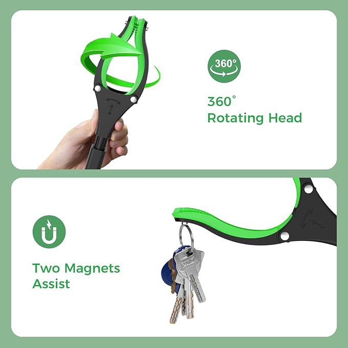 51" Heavy Duty Grabber Reacher Tool for Seniors/Disabled/After Surgery Recovery, Extra Long Foldable Reach Grabber with Shoehorn & 360°Rotating Anti-Slip Claw & Magnetic Tip, Black&Green