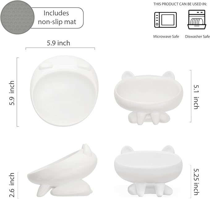 2 Pack Anti-Vomit Elevated Ceramic Cat Bowls with 2 Non-Slip Mats – Ceramic Whisker-Friendly Tilted Orthopedic Feeding Set, Ideal for Senior Cats & Small Dogs