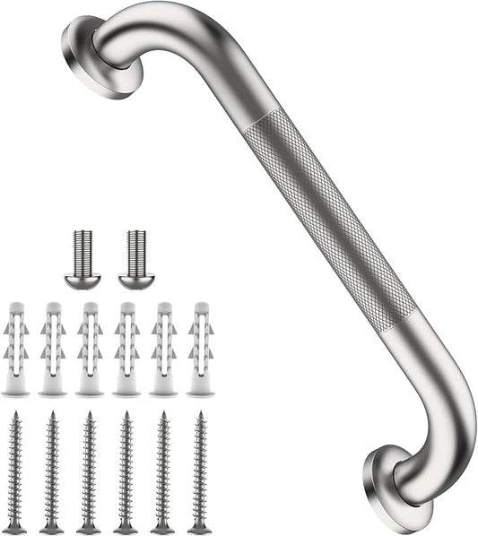 Shower Grab Bar 12 Inch, iHansee Brushed Nickel Bathroom Grab Bar w/Anti-Slip Knurled Grip, Stainless Steel Bath Safety Bars Support Handrail for Senior Elderly, Toilet Bathtub Balance Handle for Wall