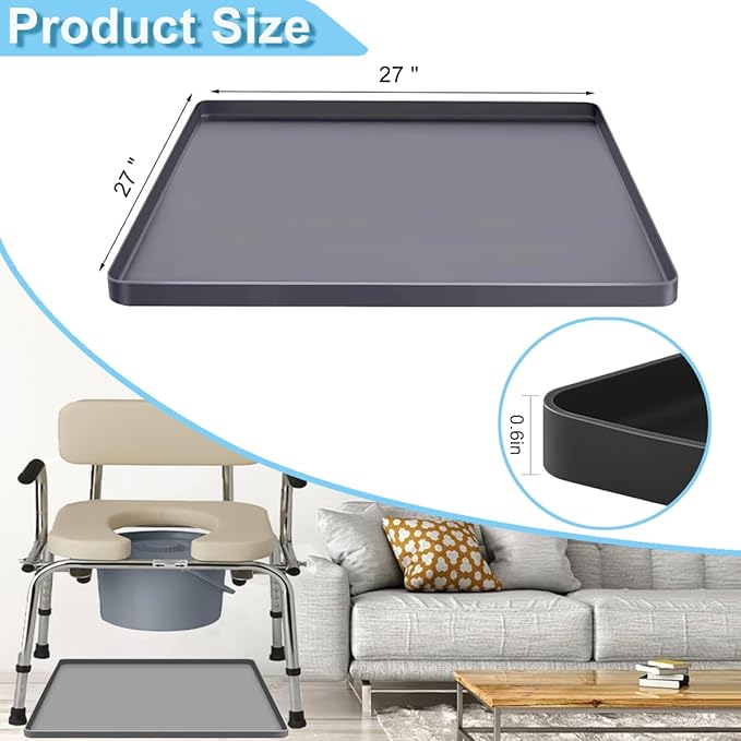 Bedside Commodes Mat Bedside Portable Toilet Mat with Raised Edge, Non-Slip Recycle Commode Toilet Pad Under Commode Chair Mat Waterproof Floor Protector, Silicone Mat for Porta Potty (26.8"X26.8")
