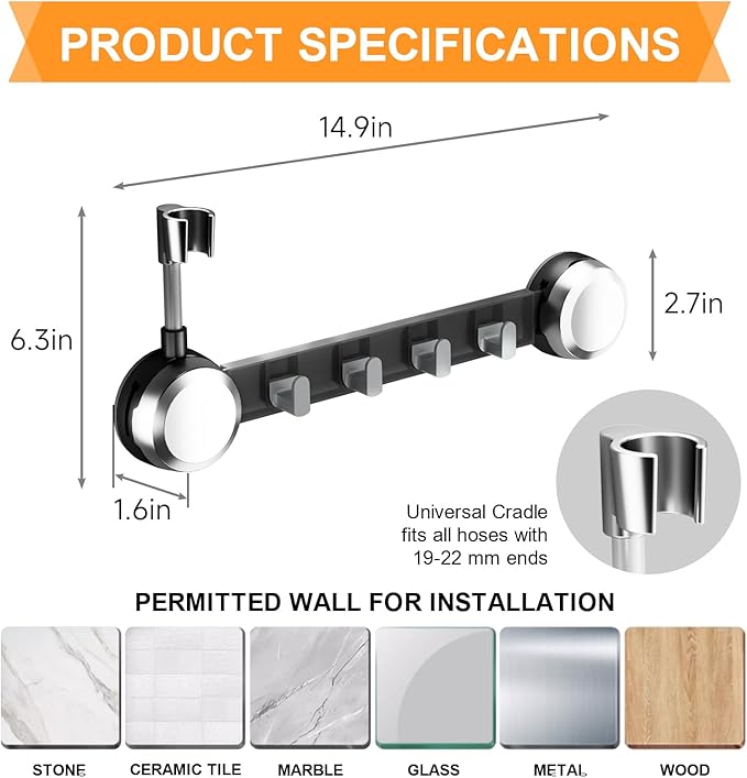 Shower Head Holder Suction Cup with 4 Hanger Hook Wall Mount - 2 in 1 Design - No-Drill Strong Adhesive Shower Wand Bracket - Adjustable Handheld Shower Head Mount - Removable and Rust-Resistant