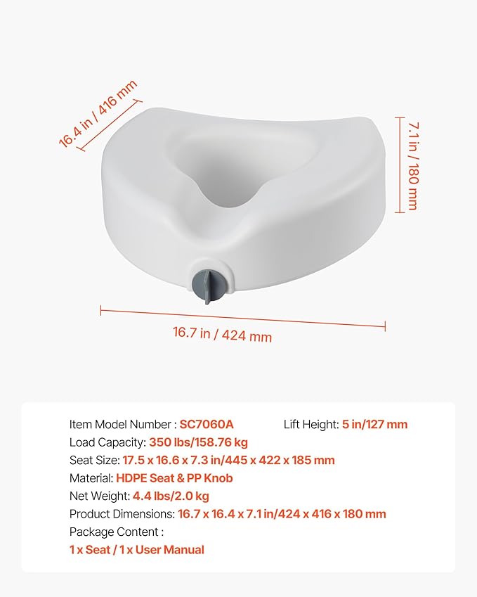 VEVOR Raised Toilet Seat, 350 lbs Capacity, 5-Inch Lift Height, Commode Elevated Toilet Seat Riser with Enlarged Opening for Seniors, Elderly, Handicap, Disabled, Adults, Fits Elongated & Round Bowl