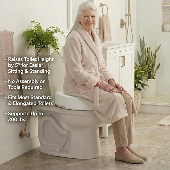 NOVA Toilet Seat Riser – Adds 5” of Height, Raised Toilet Seat with 300 lb Weight Capacity, Universal Fit, Slip-Resistant Bathroom Safety Aid for Elderly & Seniors