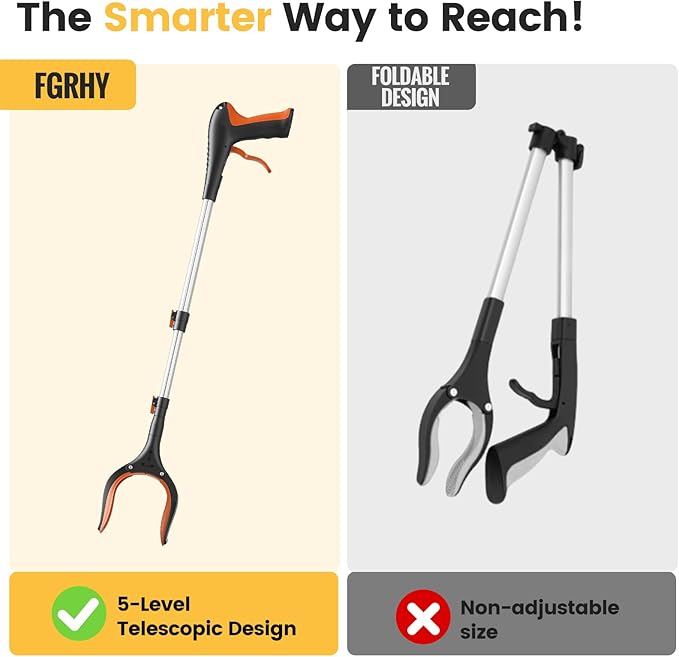 Telescopic Grabber Reacher Tool, 5-Level Adjustable (23" to 41") - Extendable Gripper and Reaching Tool, Heavy Duty Pick Up Stick Grabbers for Elderly, Surgery Recovery Must Haves (Orange)