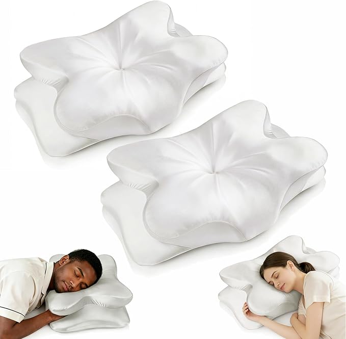 2-Pack Cervical Neck Pillow for Neck Pain Relief,Ergonomic Memory Foam Contour Pillow with Wrinkle-Resistant Silky Satin Fabric Cover,Orthopedic Bed Pillow for Side,Back,Stomach Sleepers,White