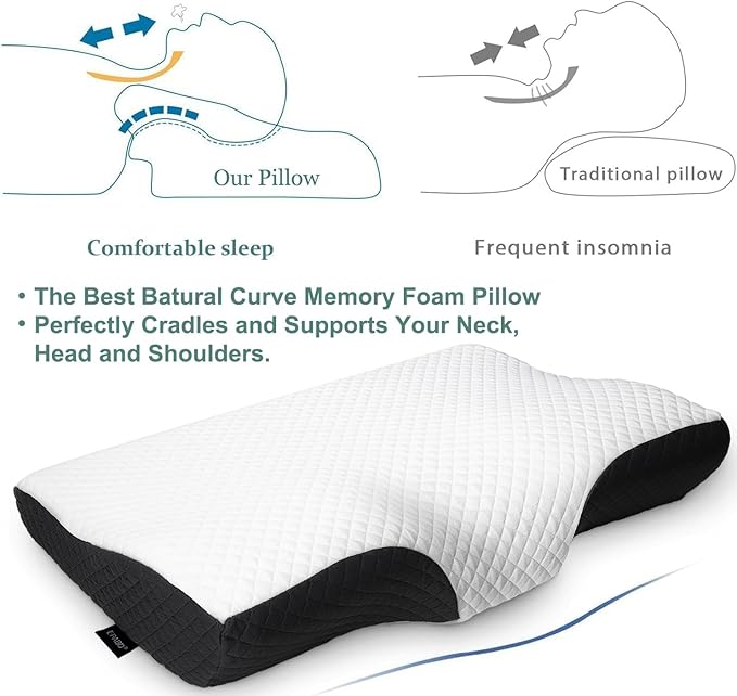 EPABO Contour Memory Foam Pillow Orthopedic Sleeping Pillows, Ergonomic Cervical Pillow for Neck Pain - for Side Sleepers, Back and Stomach Sleepers, Free Pillowcase Included (Soft & Queen Size)