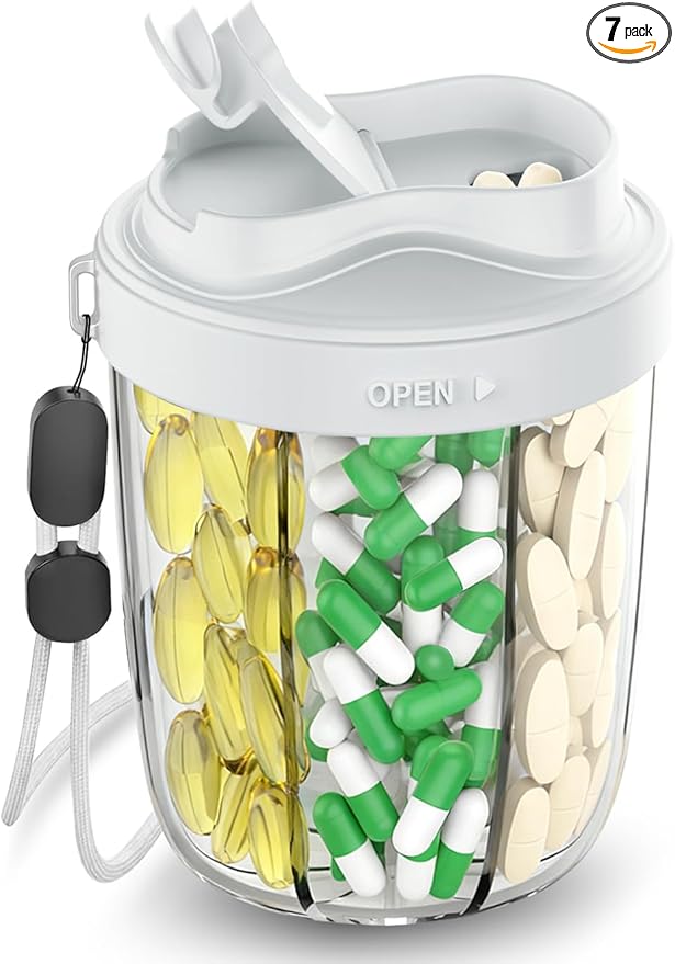 Large Pill Dispenser to Store 7 Various Supplements - Pill Organizer & Supplement Organizer for Travel, Anti-Mixing Design, with Strap & 20 Sticky Labels（Light Gray）