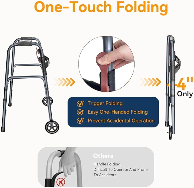 Folding Walker for Seniors, Rolling Walker with 8 Height Adjustments, One-Hand Folding, 300lbs Capacity, Lightweight Aluminum Front Wheel Walker for Elderly Adults and Handicap