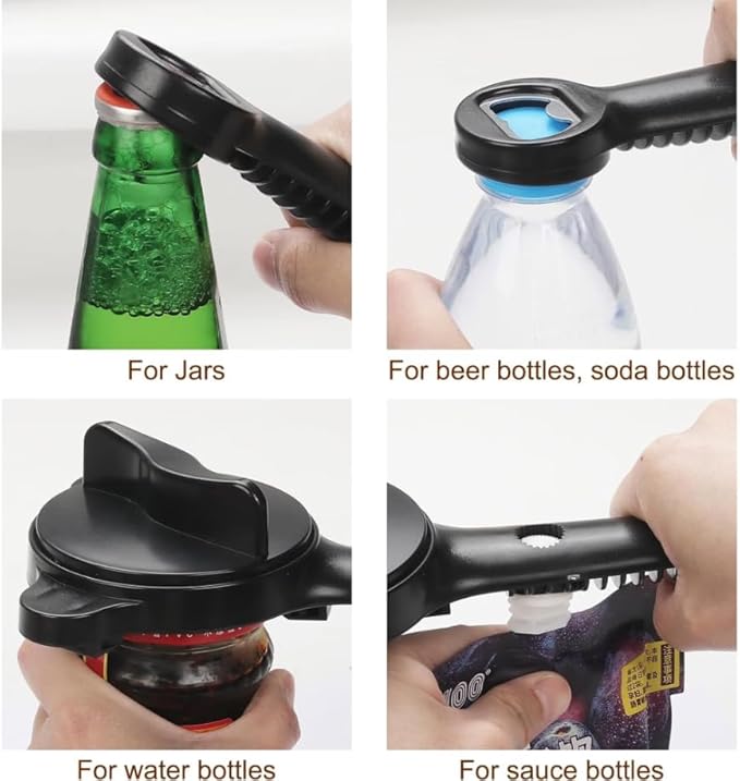 Jar Opener for Seniors, 4-in-1 Adjustable Multi-Purpose Lid Opener with Non-Slip Grip for Jars, Bottles and Beer Caps, Perfect for Seniors, Arthritis and Weak Hands (2 PCS, Black)