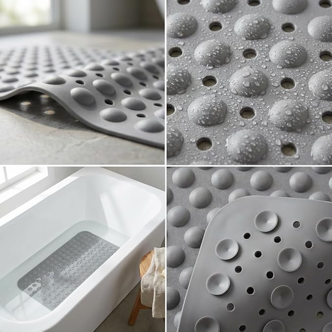 Minimalist TPE Bathtub Mat Non Slip for Tub & Shower, Bath Mat with Strong Suction Cups, Soft Comfortable Shower Mat, Quick Drain Holes, Machine Washable, Large Light Grey Mats, 27.5’’ x 16’’