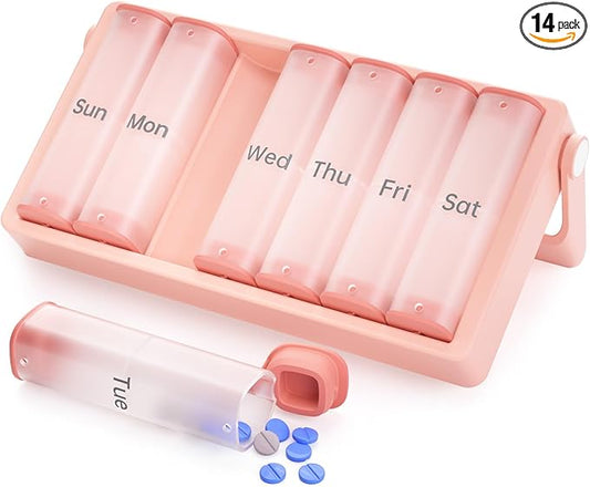 Weekly Pill Organizer 2 Times a Day, KOVIUU Large Travel Pill Box 7 Day, Am Pm Twice Daily Pill Case with Rotatable Handle, Pill Holder Container for Vitamin, Medicine, Supplement, Fish Oil, Pink