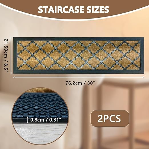 Stair Carpet Outdoor for Wooden Steps, Non-Slip Rubber Brown Stair Runner Rugs, 2 Pcs 8.5" x 30" Heavy Duty Stair Mats for Outside Steps, Weatherproof Grip for Elders, Dogs & Kids, Yellow Lattice.