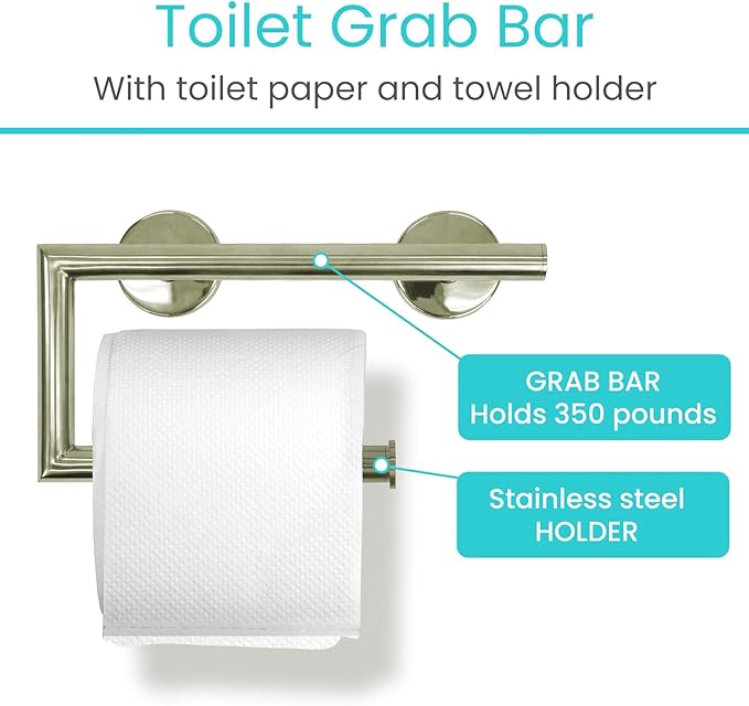 Vive Grab Bar with Toilet Paper Holder (350lbs) - Handrail Bar Combo for Bathroom Wall - Safety Support for Elderly, Seniors & Disabled - Handicap Assist for Restroom Walls & Getting up from Toilets