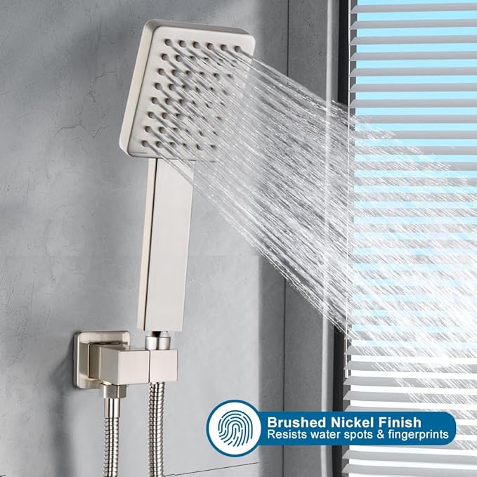 POP SANITARYWARE All Metal Handheld Shower Head Brushed Nickel Luxury High Pressure Showerhead Kit with Wall Connector and Hose Set, for Bathroom Showering System Contemporary Square Style