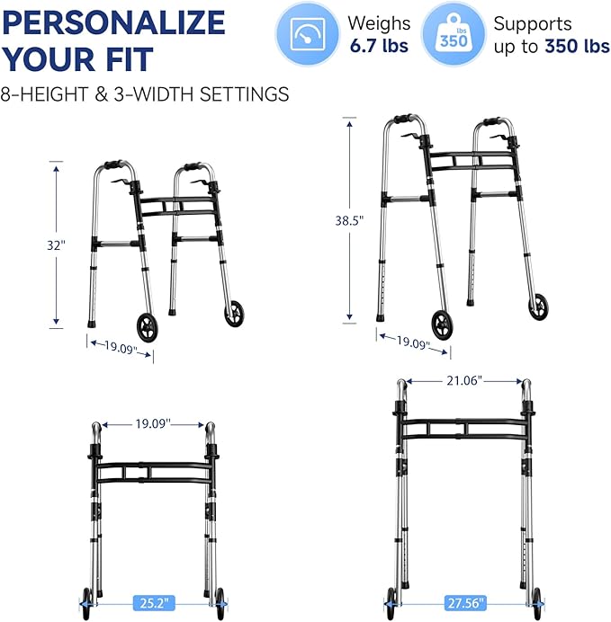Loyoda Walkers for Seniors Foldable, Aluminum Lightweight Walker with Wheels, Adjustable Height & Width Standard Walkers for Elderly & Disabled, 350 lbs Capacity, Silver