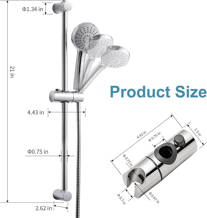 OFFO Shower Slide Bar Combo, Adjustable 21 in Slide Bar with 3-Mode Round Handheld Shower Head and 60 in Stainless Steel Hose, Screw Wall Mounted, Chrome Finish