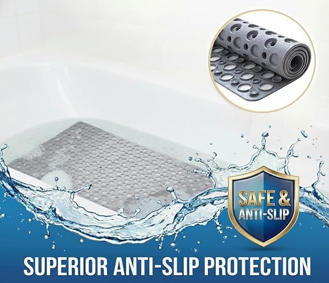 Nonslip Bathtub Mat Extra Soft TPE Bath Mat for Kids, Machine Washable Bathroom Shower Mat, Smooth/Non-Textured Tubs Only, 35L x 16W Inch (Light Gray)