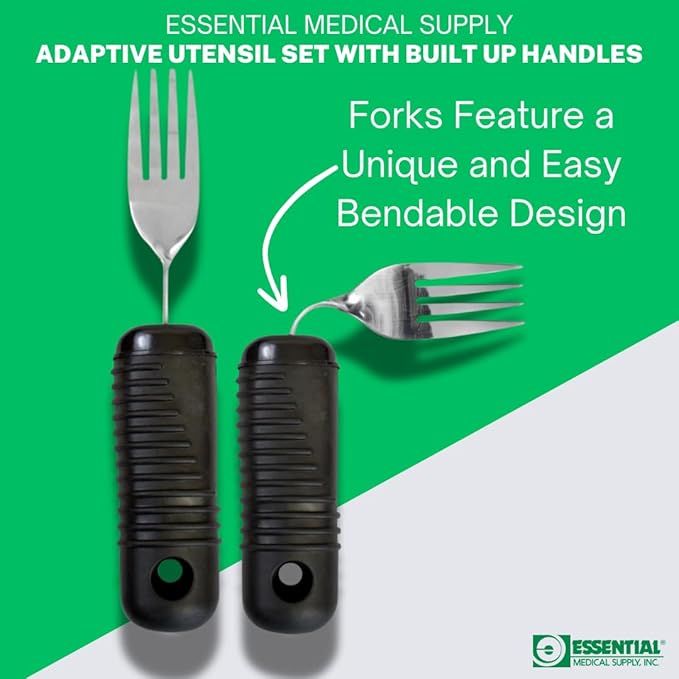Essential Medical Supply Adaptive Utensil Set with Built Up Handles - Bendable Fork, Spoon, and Rocker Knife with Large Soft Handles for Arthritis, Orthopedic Recover and Elderly Individuals