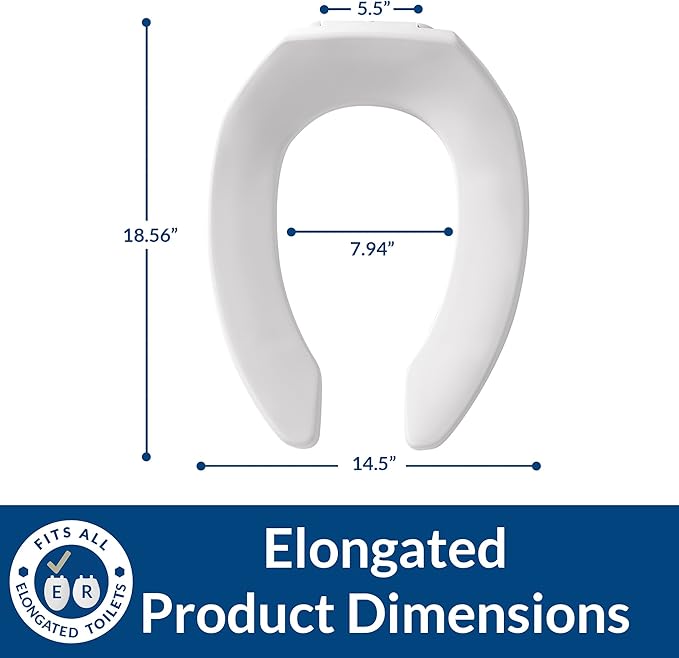 BEMIS 1955CT Commercial Open Front Plastic Toilet Seat,Heavy Duty Industrial Seat without Lid,Secure Installation for Long Lasting Use,Made in USA,Elongated,White,(Pack of 2)
