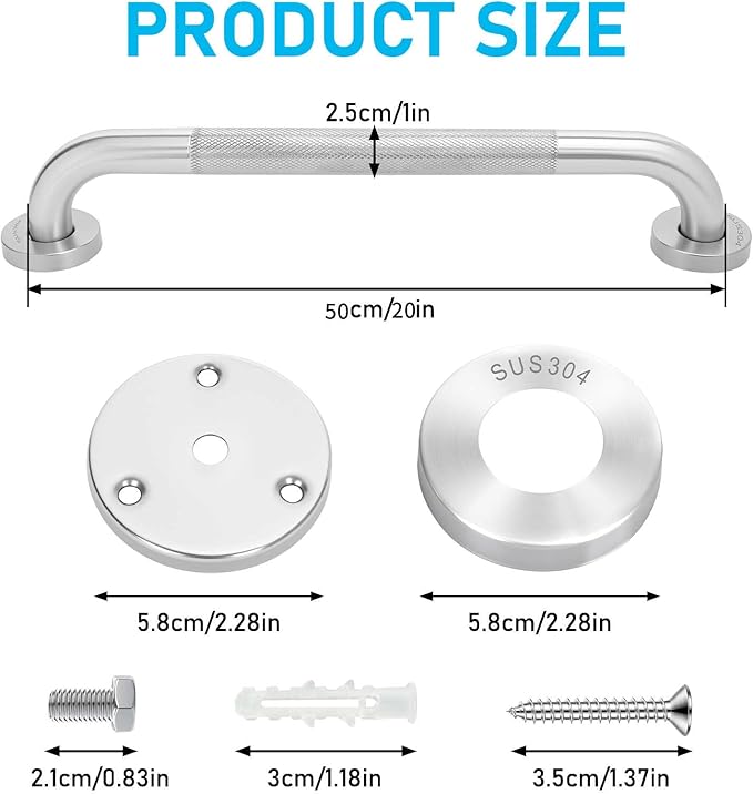 2-Pack, Shower Grab Bars & Bathtub Safety Handles - 304 Stainless Steel Textured Non-Slip Assist Rails for Anti-Fall Support in Tub, Shower, and Toilet Areas (Silver, 20 Inch)