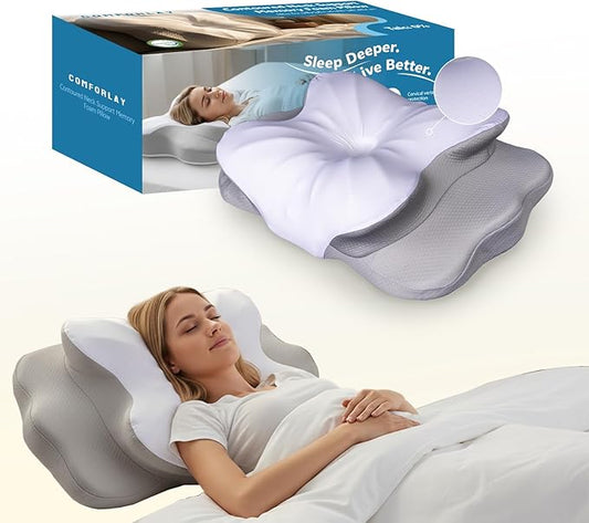 Talc-Free Cervical Memory Foam Pillow for Neck and Shoulder, Butterfly-Shaped Ergonomic Breathable Pillow for Side Back Stomach Sleepers with Pillowcase, Skin-Friendly Fabric
