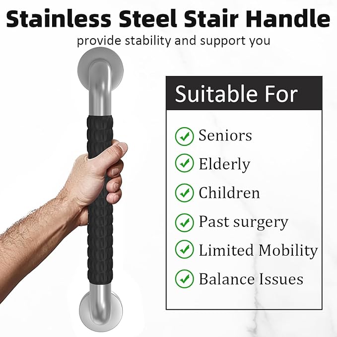 Metal Industrial Stairs Grab Wall Handrail Staircase Steps Indoor Exterior Outdoor Deck Hand Rail Safety Grab Bar Handle for Stairs Bars Wall Elderly Grab Frame Pipe (12 Inch 2 Pack Rubber)