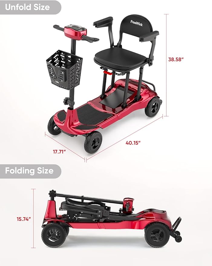 Mobility Scooters for Adults & Seniors - Ultra Lightweight 27.5 lbs Carbon Fiber Folding Electric Scooter - Airlines Approved All-Terrain Portable Scooter with Basket and Charger Included-Red