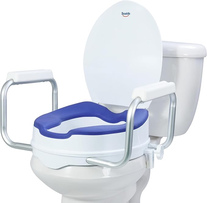 Travel Toilet Seat Risers for Seniors, Padded Elevated Toilet Seat with Handles for Round Toilets Only, Travel-Friendly, 5 Inch Height, Support to 300 LBS
