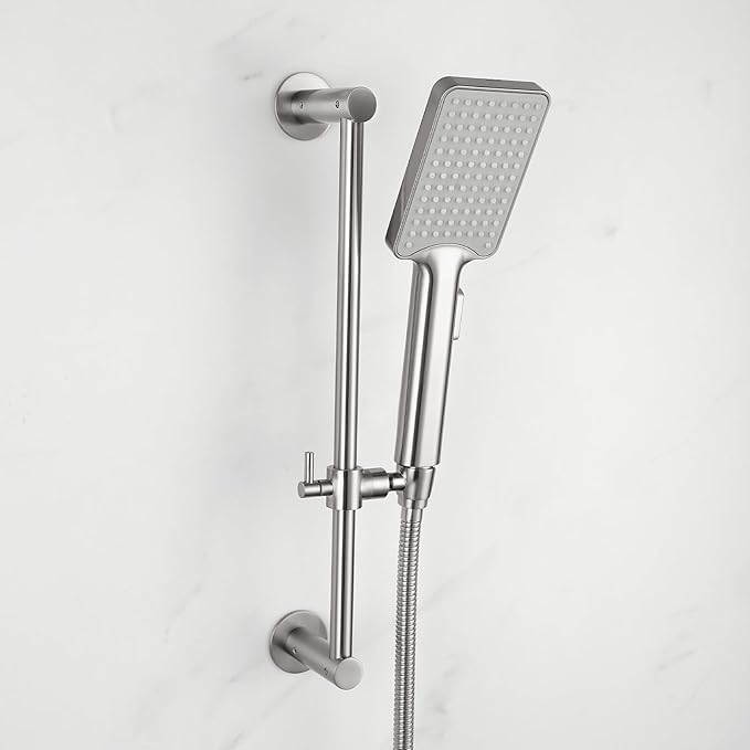 Shower Slide Bar Adjustable Handheld Shower Head Holder Wall Mount - 15inch All-Metal Shower Head Slide Bar Compatible with Bathroom Drill Free Glue Installation - Brushed