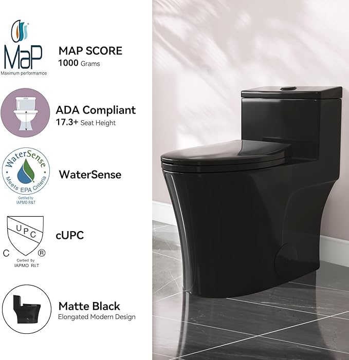HOROW T0338WB Elongated One Piece Toilet Black, Compact Modern Toilet with Comfortable Seat Height, ADA Chair Height 17.3", Power Dual Flush 0.8/1.28 GPF, Matte Black, 12" Rough-in