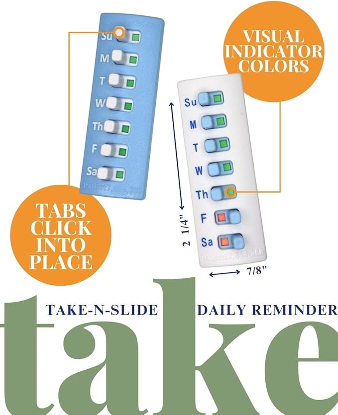 TAKE-N-SLIDE Peel and Stick Reusable for 12 + Refills, Pill/Medication/Vitamin/Pet Med Tracker & Reminder, Attach to Your Bottle, Organizer-Free, Curved‑Back (Blue, 5-Pack)