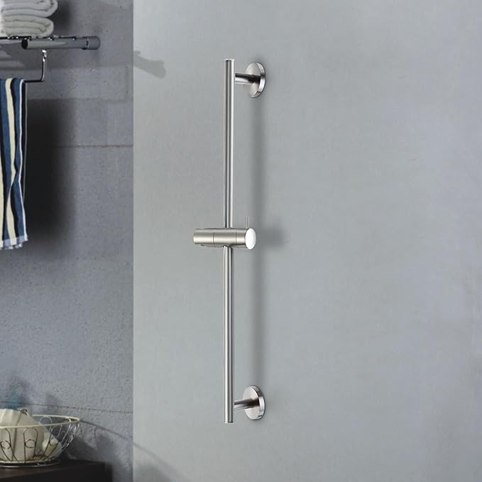 SKOWLL Bathroom Shower Head Slide Bar Wall Mount 26 Inch Shower Slide Bar No Drill, Brushed Nickel Sliding Shower Bar with Adjustable Handheld Shower Head Holder