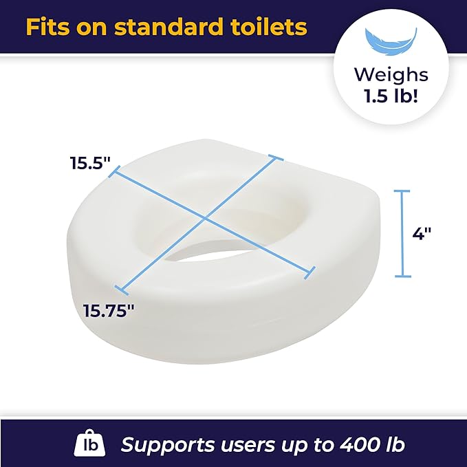 AquaSense 4-Inch Portable Toilet Seat Riser - Elevated Toilet Seat for Seniors - Easy Installation - Sturdy Non-Skid Design - Fits Round Toilets - Post-Surgery & Mobility Aid