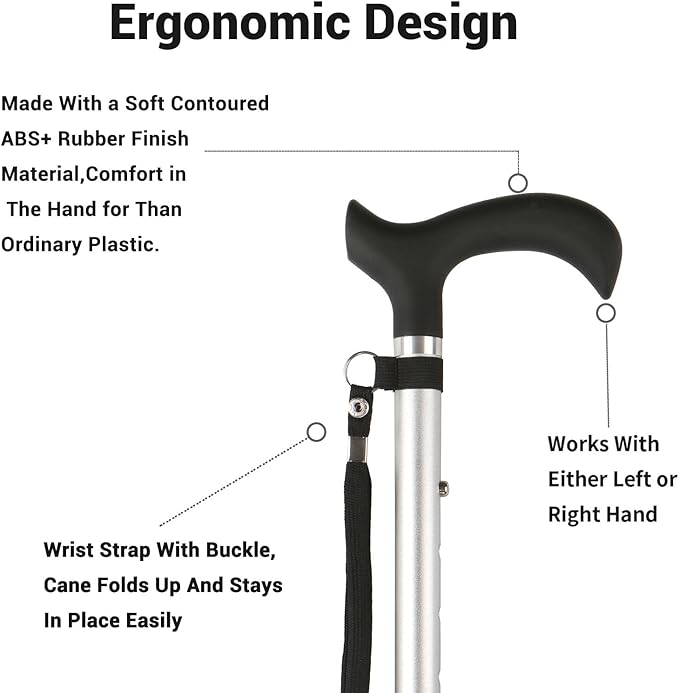 Folding Cane, 5-Level Adjustable Height Lightweight Portable Foldable Walking Canes with Wrist Strap and T Handle for Men Women Seniors