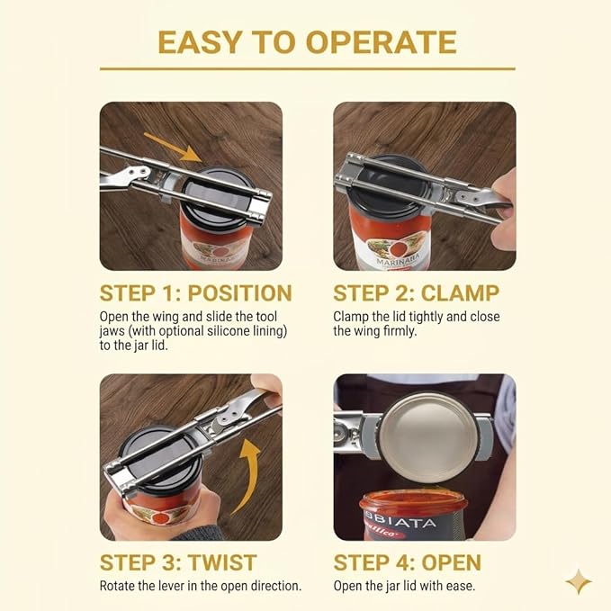 Adjustable Jar Opener –2026 Stainless Steel Can & Bottle Opener for Weak Hands Seniors,Up to 5-Inch Lids,Optional Silicone