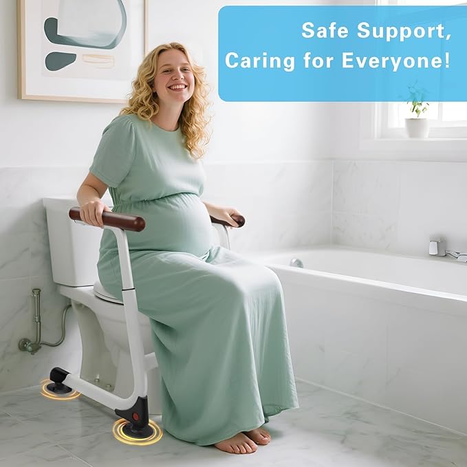Toilet Safety Rails, Stable Toilet Handles for Elderly and Disabled with 4 Suction Cups, Adjustable Height Toilet Rails for Seniors with, Toilet Assist Rails Handrails Up to 350 LBS, Brown Color