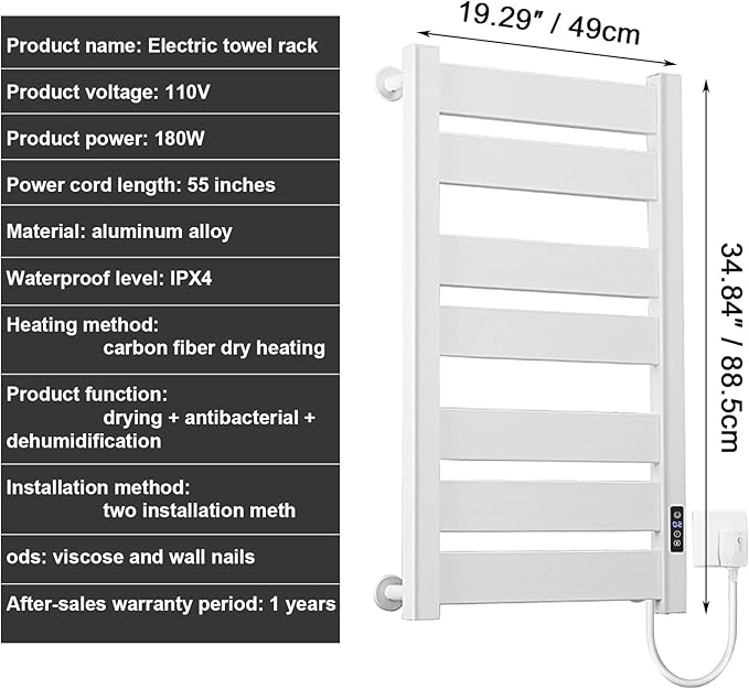 Towel Warmer Rack, Heated Towel Rack for Bathroom, Wall-Mounted Plug (Not Hardwired), Aluminum alloy/7 large area heating rods, With Timer and Temperature Adjustment, Overheat Protection Function