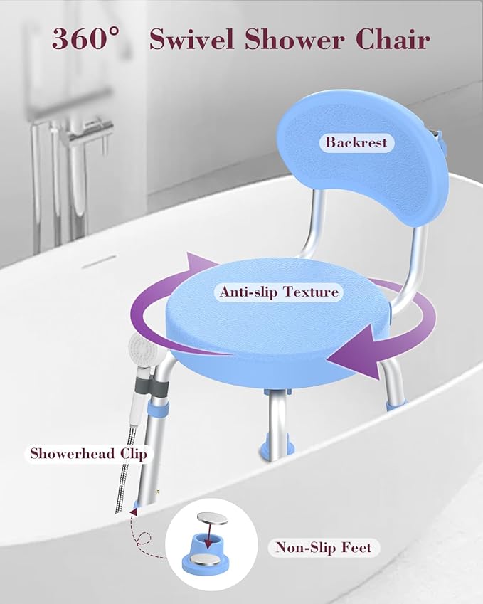 Swivel Shower Chair, 360° Non-Slip Shower Seat with Backrest for Elderly and Disabled, Height Adjustable Rotating Tub Bench for Seniors Bathroom Inside Shower with Compact Frame (Blue)