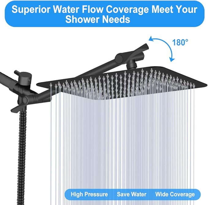 Shower Head, Kaqinu 8'' High Pressure Rainfall Shower Head/Handheld Showerhead Combo with 11” Extension Arm, Anti-leak Shower Head with Holder/Hose, Flow Regulator - Matt Black