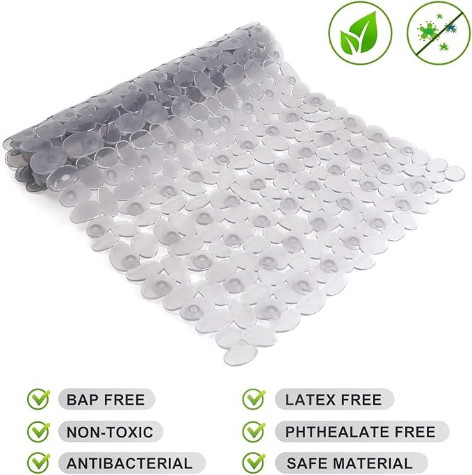 WELTRXE Non Slip Bathtub Mat 35 x 16 Inches Pebbles Shower Mats with Suction Cups, Drain Holes for Bathroom Showers, Tub, Machine Washable Bathroom Mats BPA, Latex Free Safe Tub Mats - Clear Gray