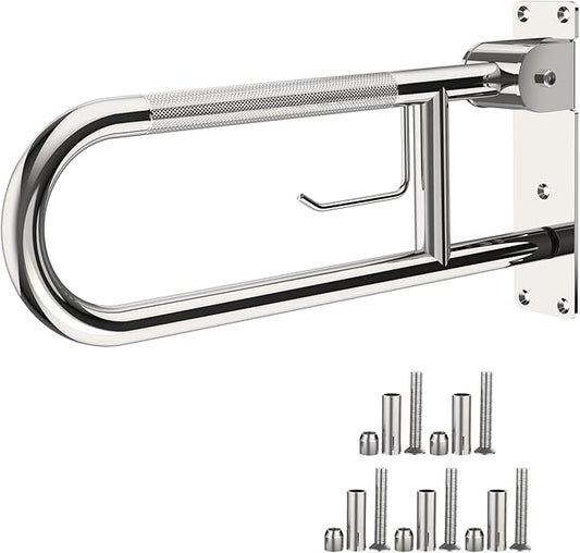 Toilet Grab Bar 22.4 Inch Chrome, Munzong Anti-Slip Handicap Grab Bars with Paper Holder, Flip-Up Bathroom Safety Rails, Stainless Steel Knurled Support handrails for Seniors Elderly Disabled Pregnant