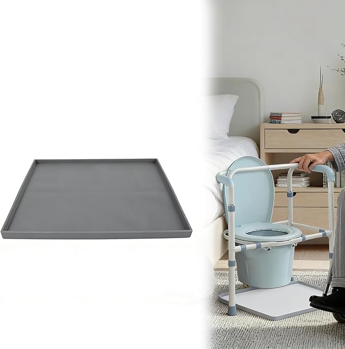 Bedside Commode Mat for Seniors & Adults | Non-Slip, Waterproof Commode Toilet Pad with Raised Edge | Reusable Silicone Potty Chair Mat for Portable Bedside Toilet Commode (Gray, Large 23.6"x19.7")